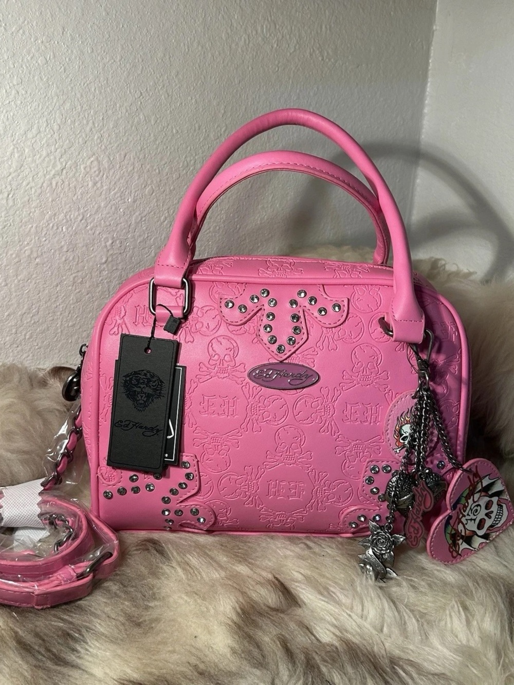 Ed Hardy Hot Pink Embossed Satchel with Charms